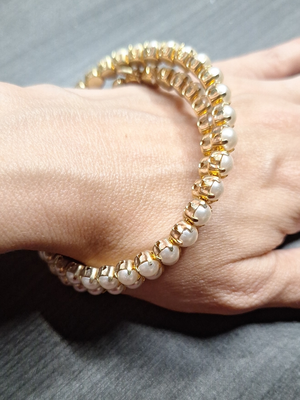 RMN Gold and Pearl Stretch Bracelet - Elegant Wraparound Bezel Set Stones